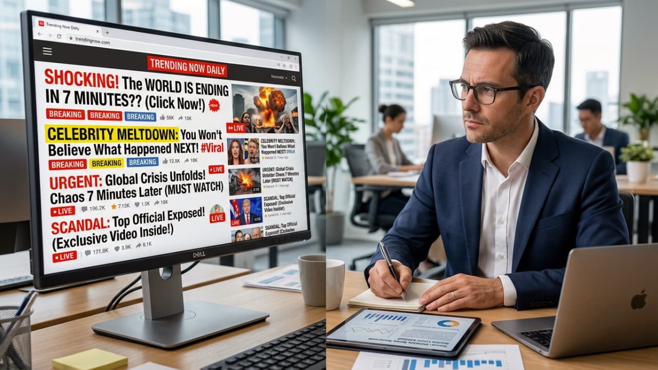 左側に「衝撃」や「速報」といった過激な見出しが並ぶクリックベイトのニュースサイトが表示されたモニター、右側にオフィスで冷静に情報を分析するスーツ姿のビジネスマンが描かれた、メディアリテラシーと情報分析の対比を表す分割画面の画像 A split-screen image illustrating media literacy. The left side shows a computer monitor displaying a sensationalist clickbait news website with exaggerated headlines like "SHOCKING" and "BREAKING". The right side shows a calm, professional businessman in an office, critically analyzing information on his devices.